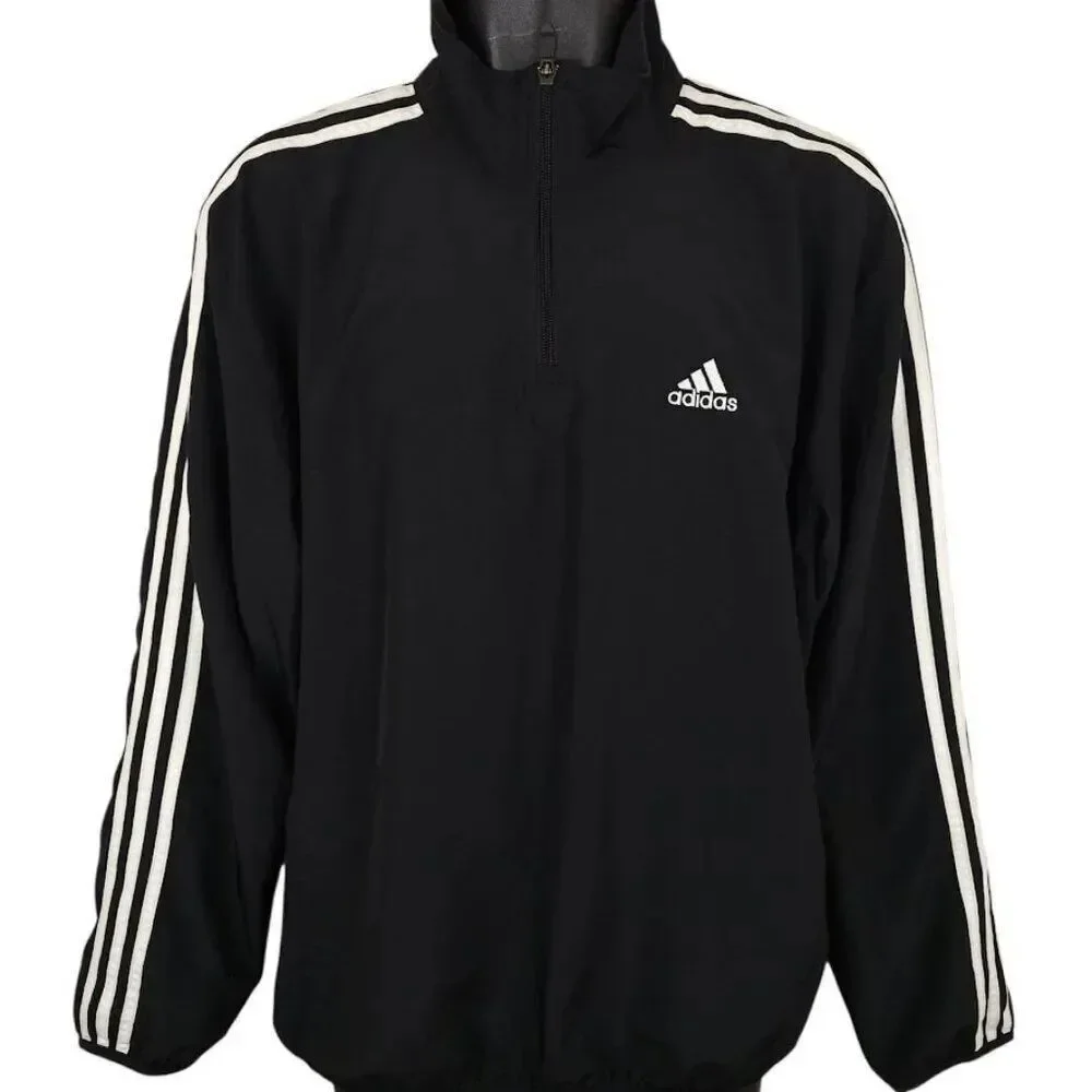 Adidas Windbreaker Jacket Mens Size Medium Black Quarter Zip Three Stripes